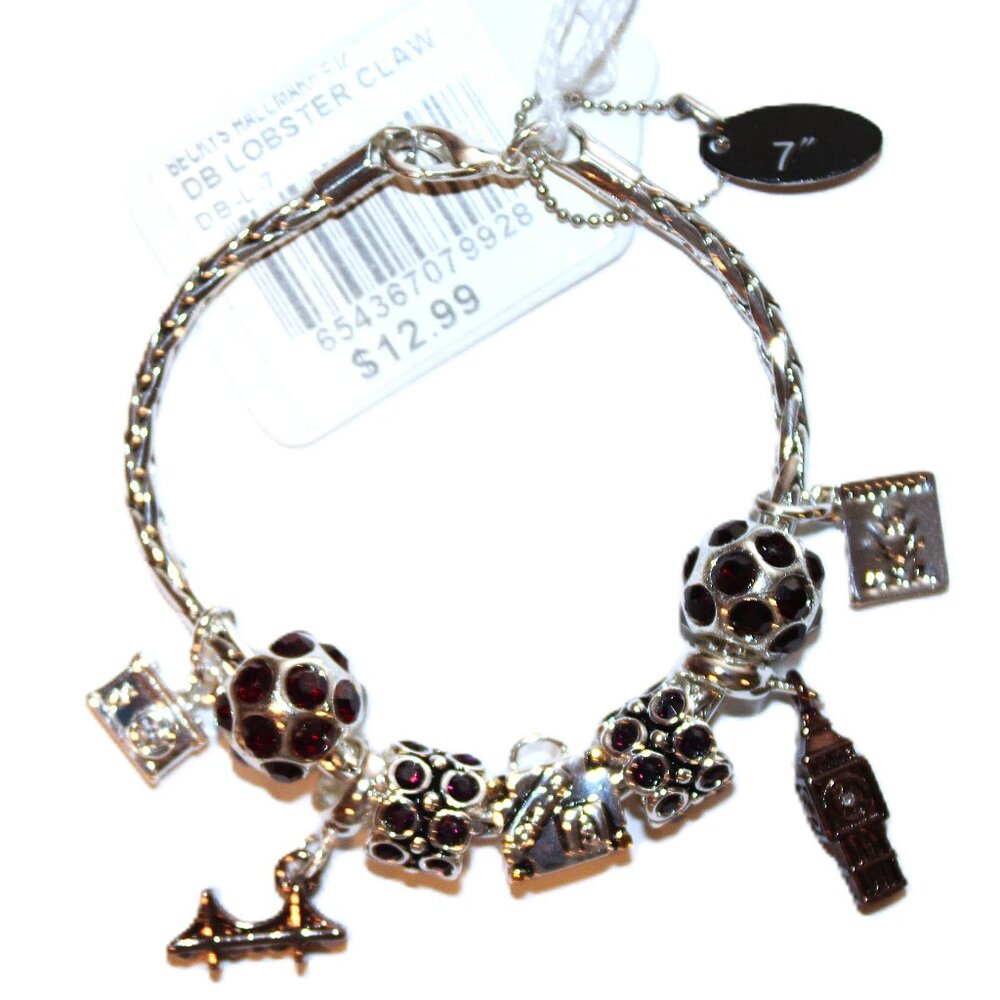 DaVinci Charm Bracelet 7" 9 Beads - Travel London England Passport Garnet Red CZ